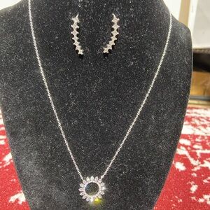 Silver Plated Crystal Inlay Pendant Necklace NWT and Pierced Earrings Bundle